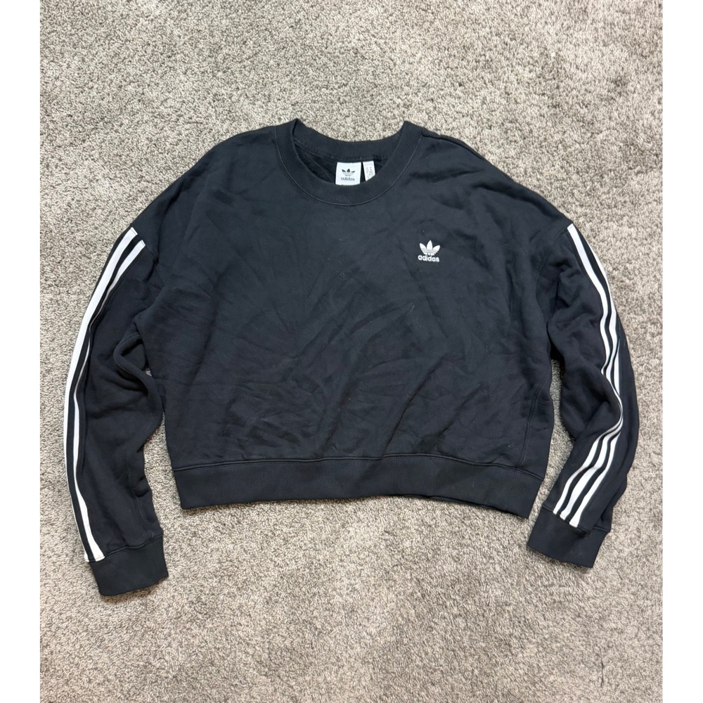 Adidas Originals Womens XL Black 3-Stripe Cropped Sweatshirt Trefoil Pullover